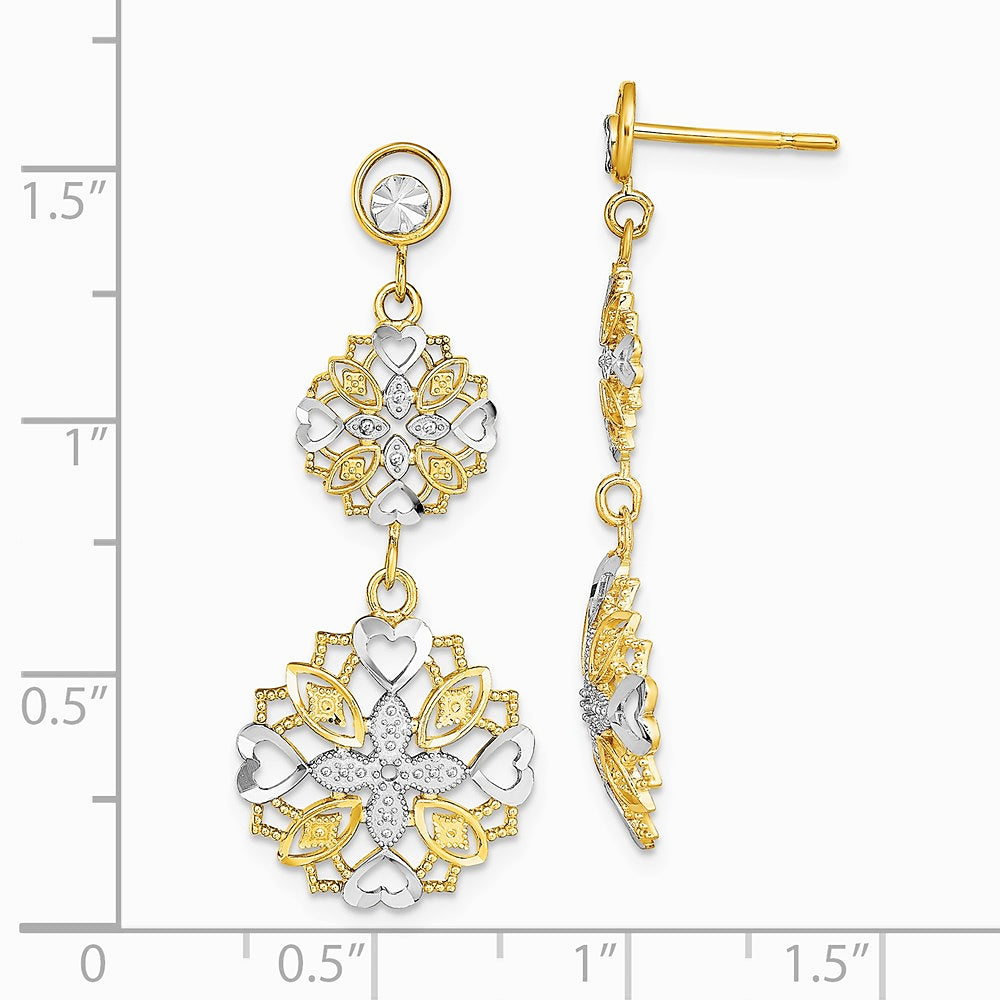 14K Yellow & Rhodium w/ Rhodium Diamond-Cut Flower & Heart Dangle Earrings - Product Photo
