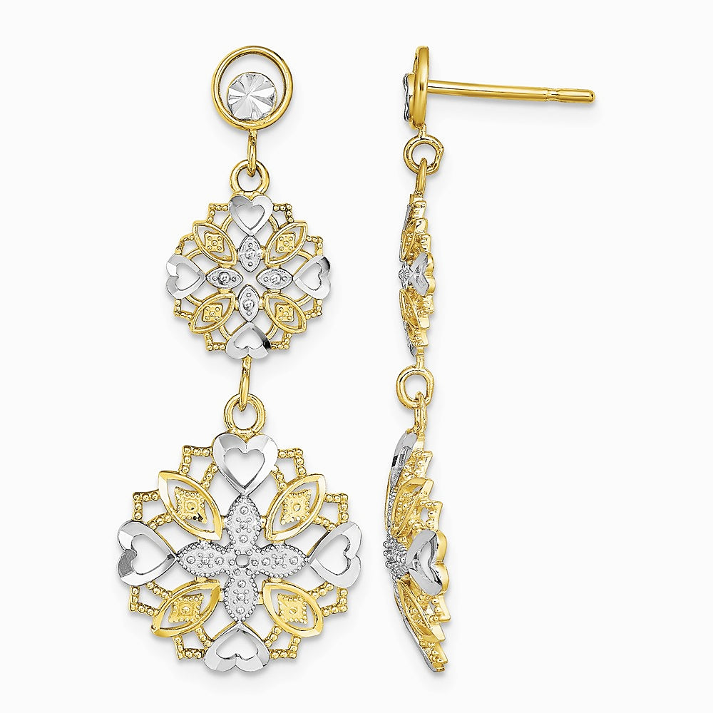 14K Yellow & Rhodium w/ Rhodium Diamond-Cut Flower & Heart Dangle Earrings