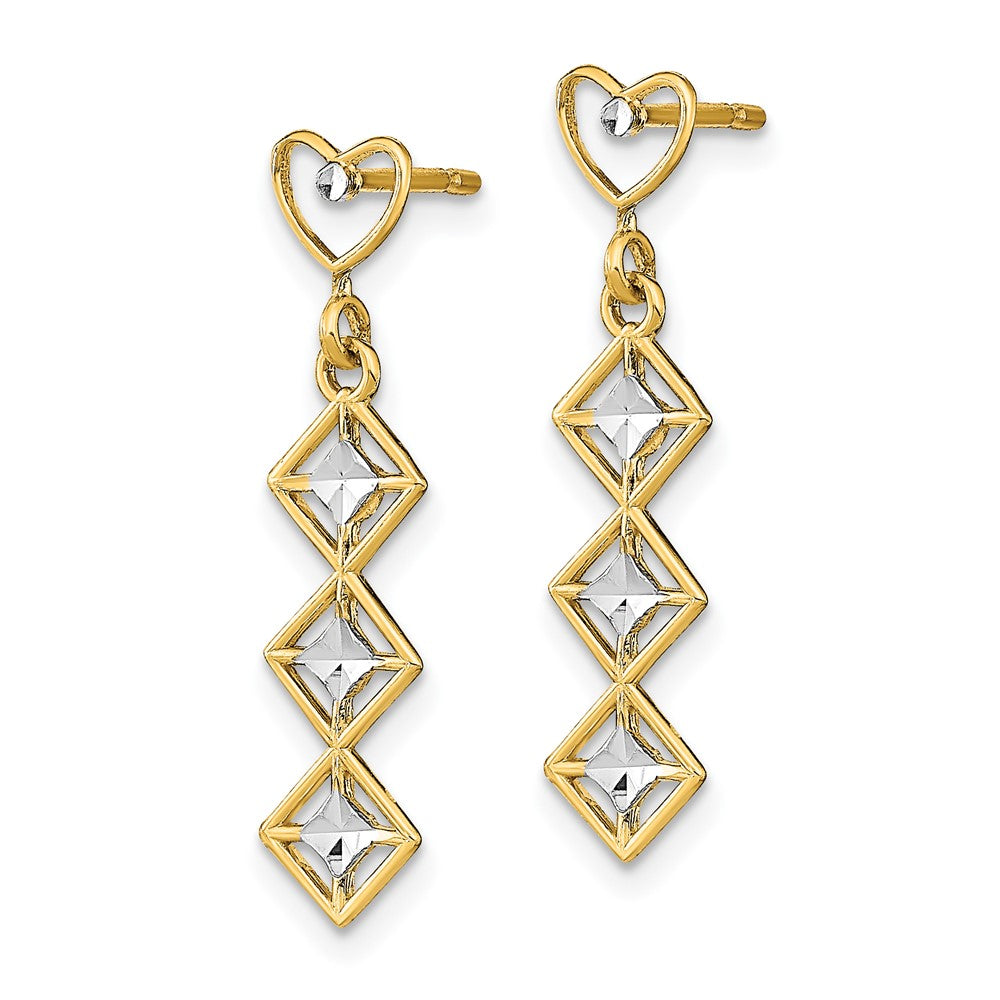 14k w/RH D/C Heart and Diamond Shape Post Dangle Earrings - Product Photo