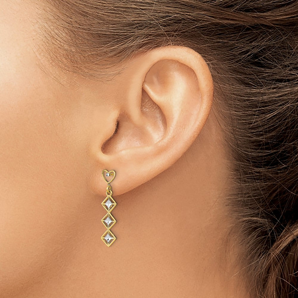 14k w/RH D/C Heart and Diamond Shape Post Dangle Earrings - Product Photo