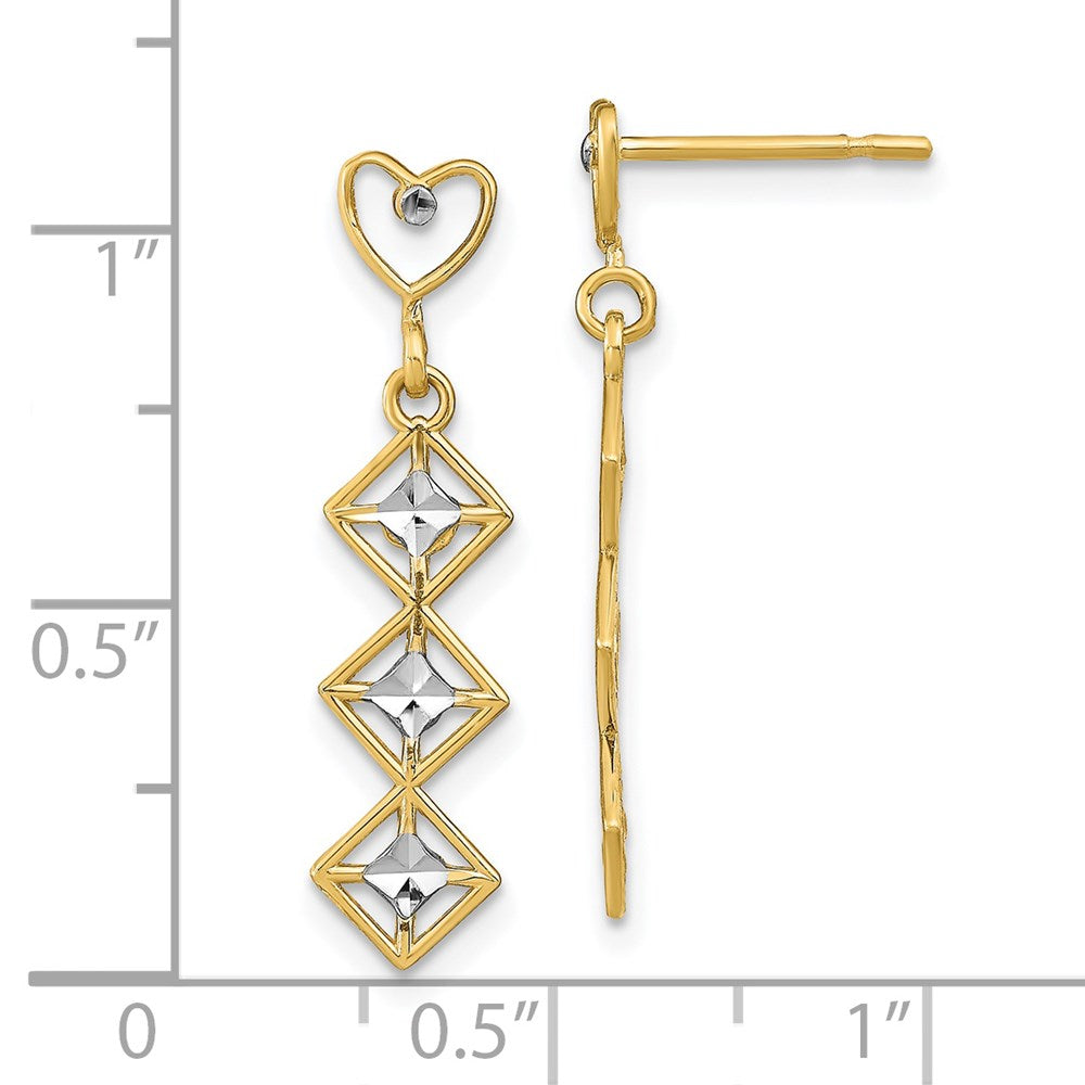 14k w/RH D/C Heart and Diamond Shape Post Dangle Earrings - Product Photo