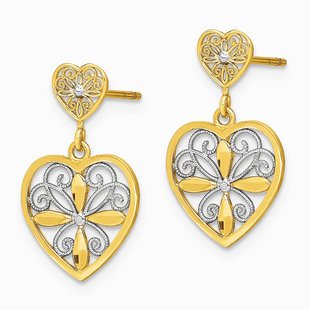 14K Yellow & Rhodium with RH Flower and Heart Beaded Filigree Dangle Earrings - Product Photo