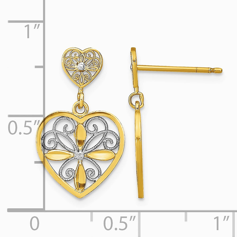 14K Yellow & Rhodium with RH Flower and Heart Beaded Filigree Dangle Earrings - Product Photo