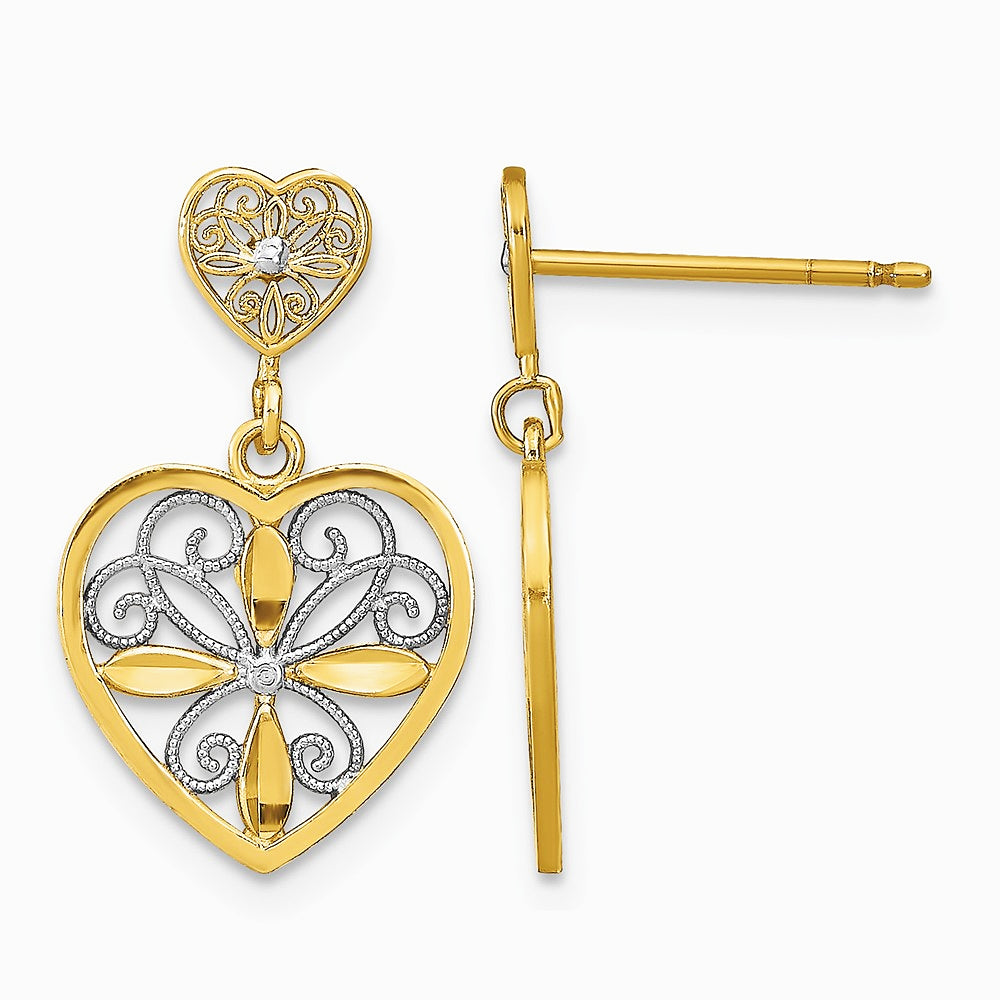 14K Yellow & Rhodium with RH Flower and Heart Beaded Filigree Dangle Earrings - Product Photo