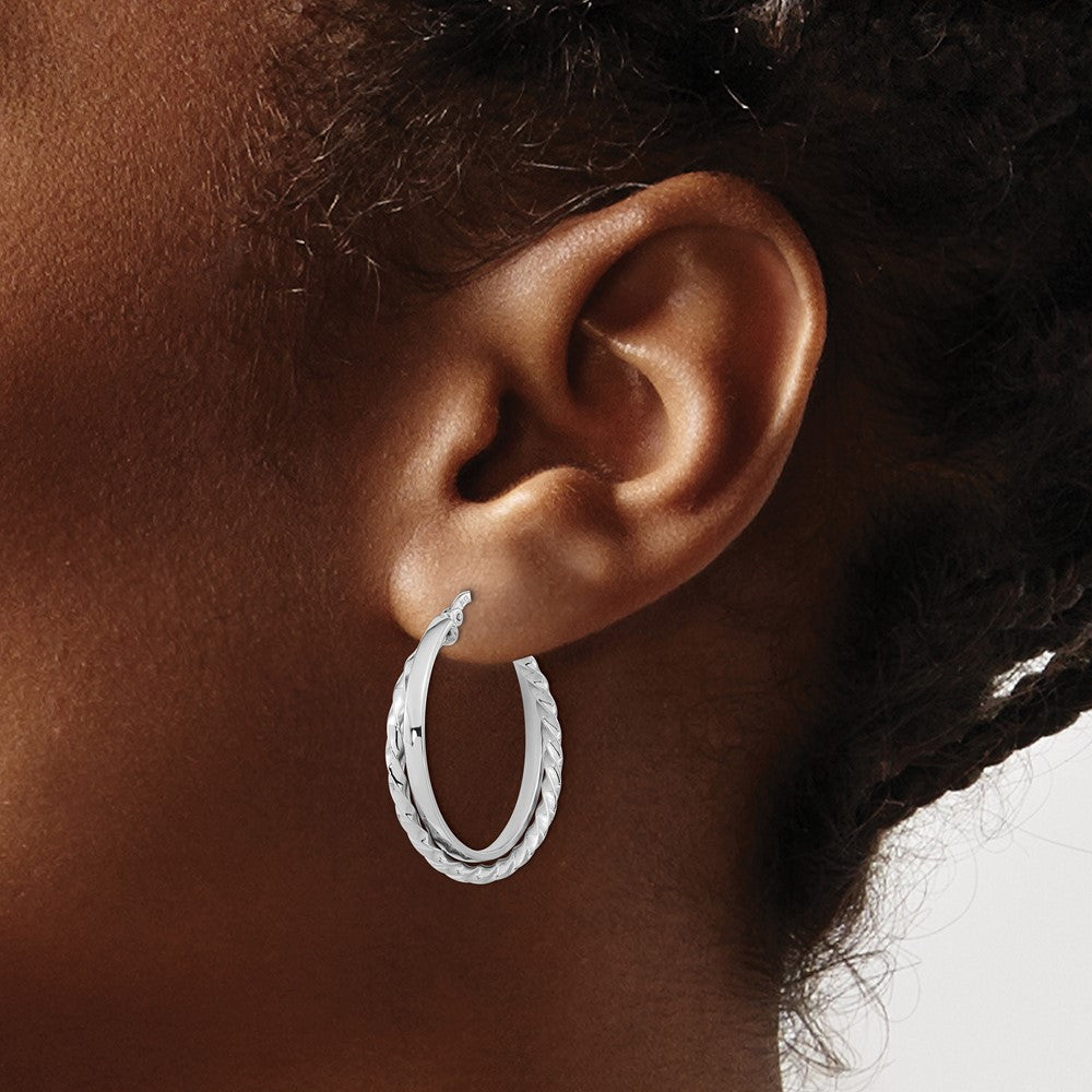 14K White Gold Polished and Textured Hinged Hoop Earrings - Product Photo