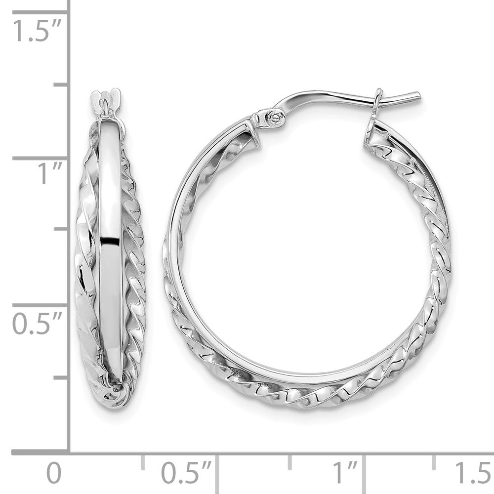 14K White Gold Polished and Textured Hinged Hoop Earrings - Product Photo