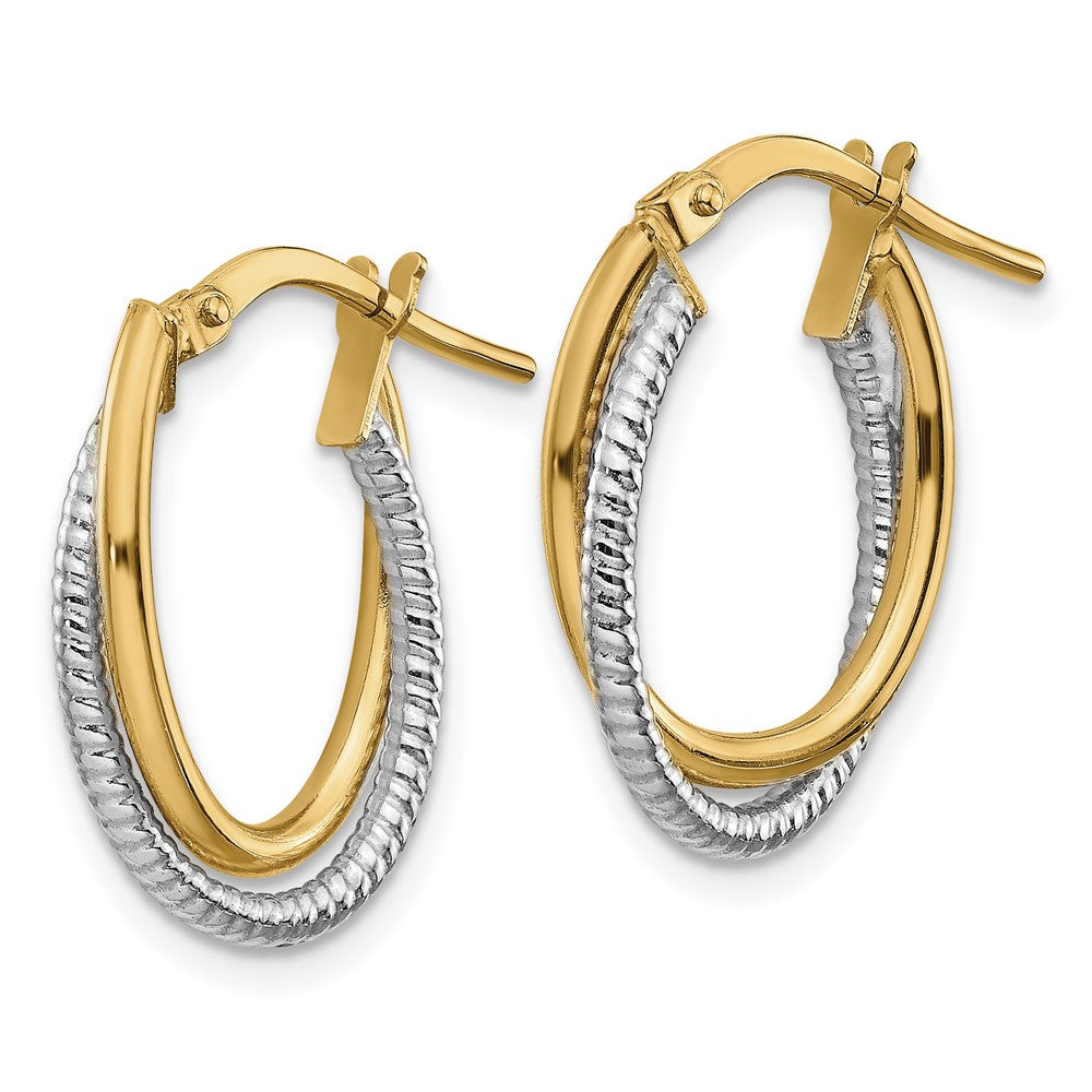 14K Two-Tone Polished Textured Double Oval Hoops - Product Photo