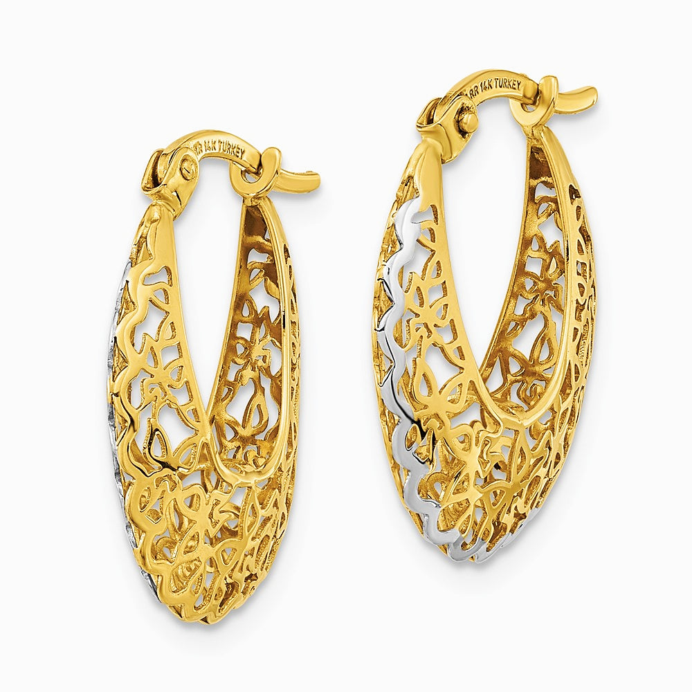 14K Yellow & Rhodium Rhodium-plated Polished Filigree Hoop Earrings - Product Photo