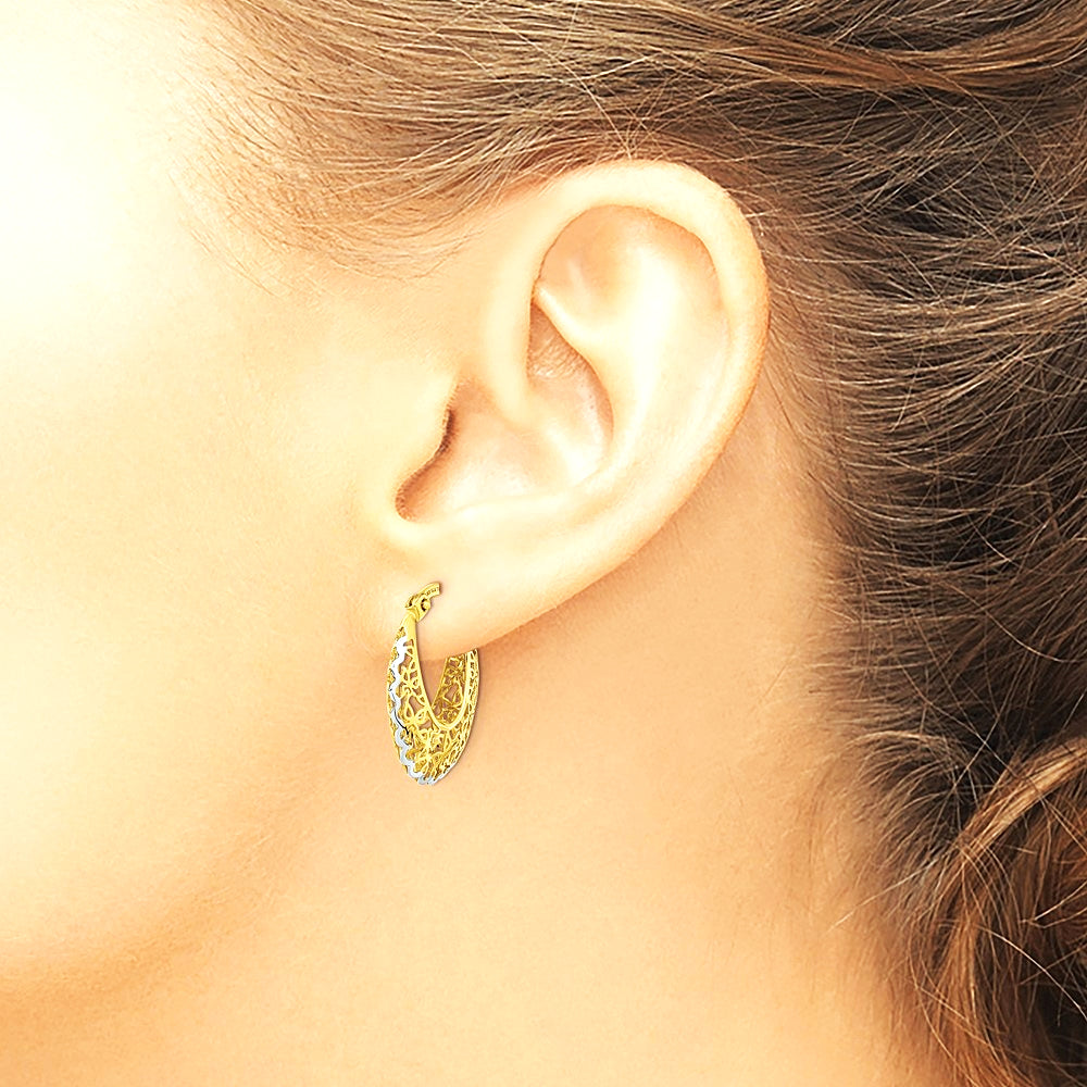 14K Yellow & Rhodium Rhodium-plated Polished Filigree Hoop Earrings - Product Photo
