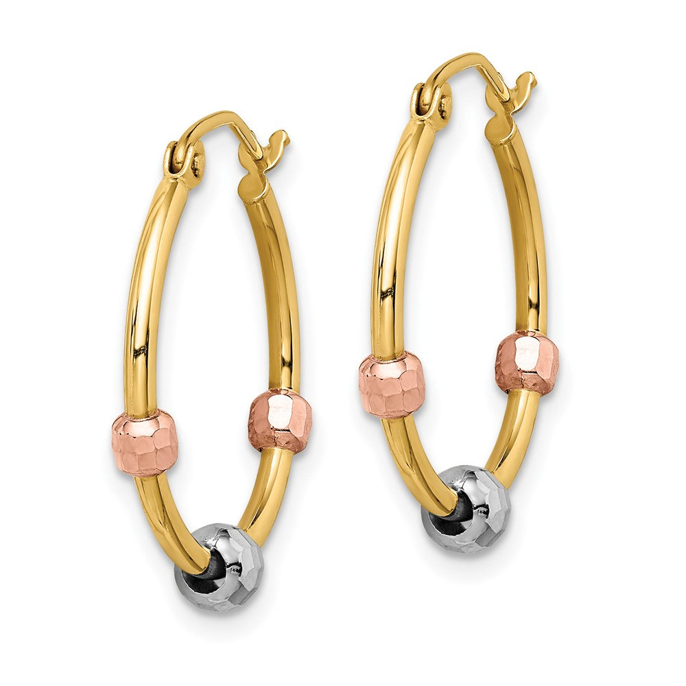 14k Polished with D/C Beads Tri-color Hoop Earrings - Product Photo