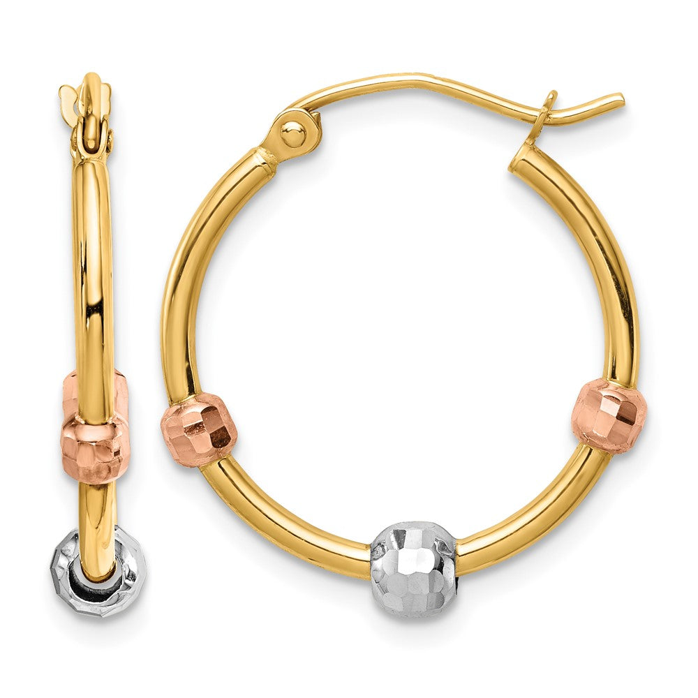 14K Tri-Color Polished with Diamond-Cut Beads Tri-color Hoop Earrings