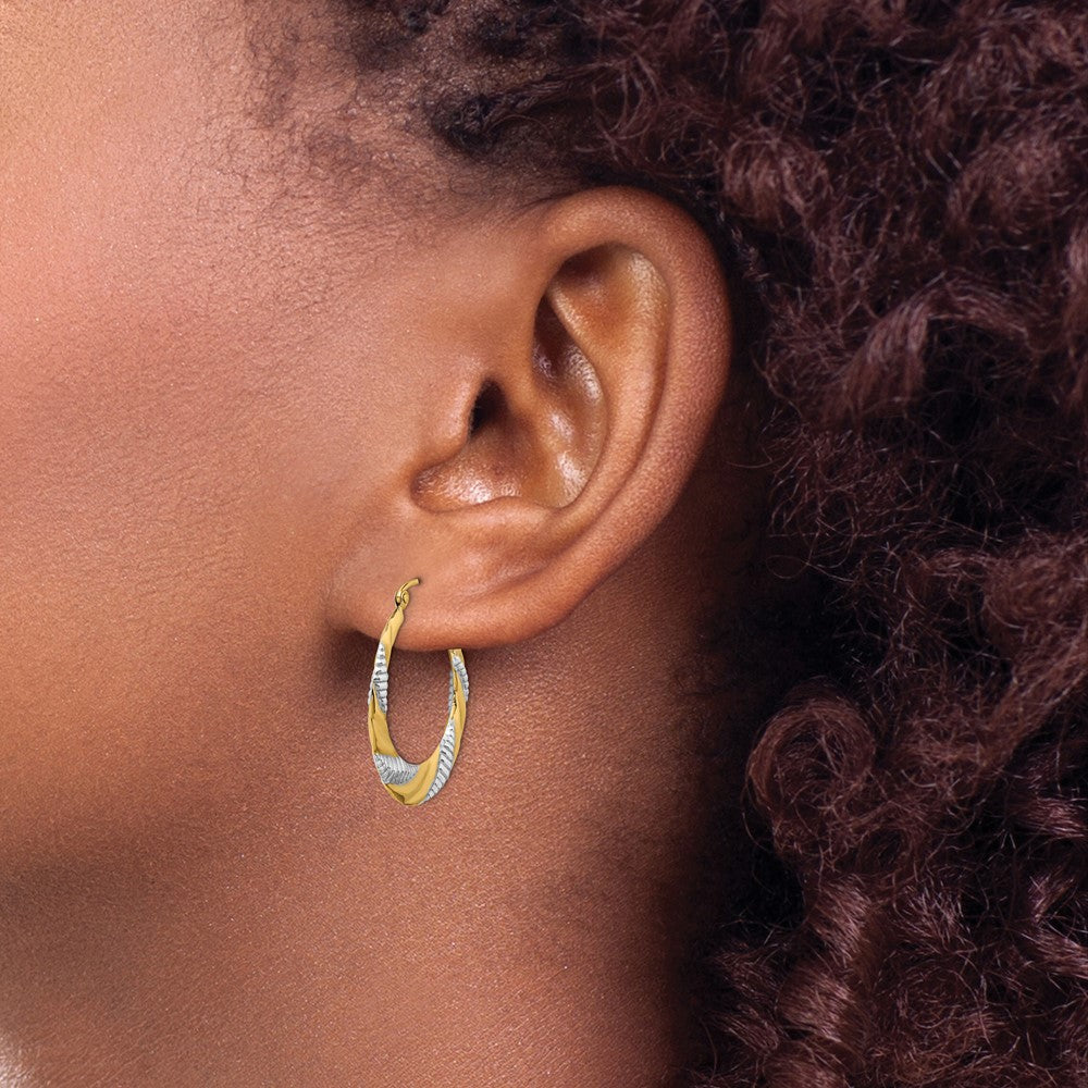 14K Yellow & Rhodium & Rhodium Textured Stamped Hoop Earrings - Product Photo