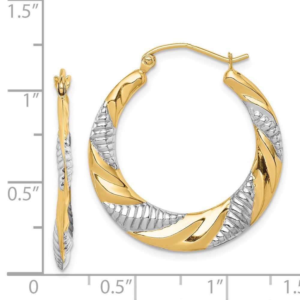 14K Yellow & Rhodium & Rhodium Textured Stamped Hoop Earrings - Product Photo