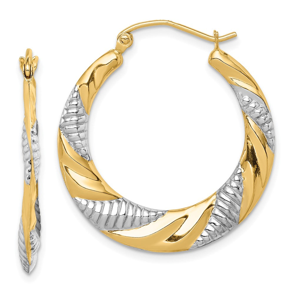 14K Yellow & Rhodium & Rhodium Textured Stamped Hoop Earrings - Product Photo