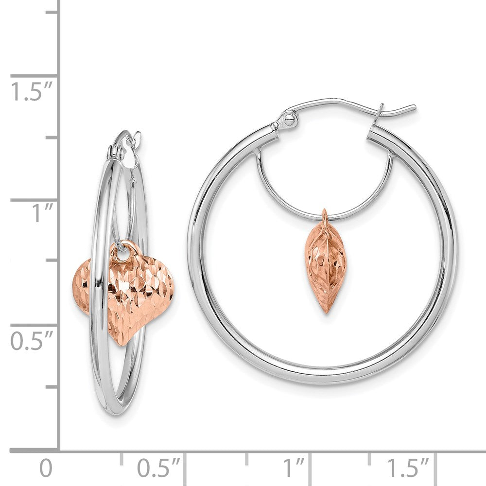 14k Two-tone Rose and White D/C Heart Dangle Hoop Earrings - Product Photo