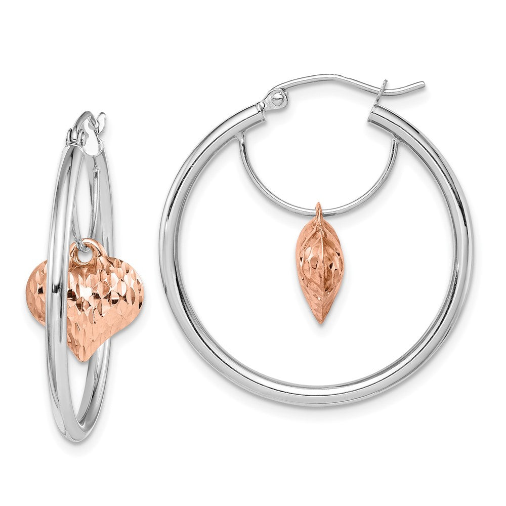14K Two-Tone Rose & White Gold Diamond-cut Heart Dangle Hoop Earrings