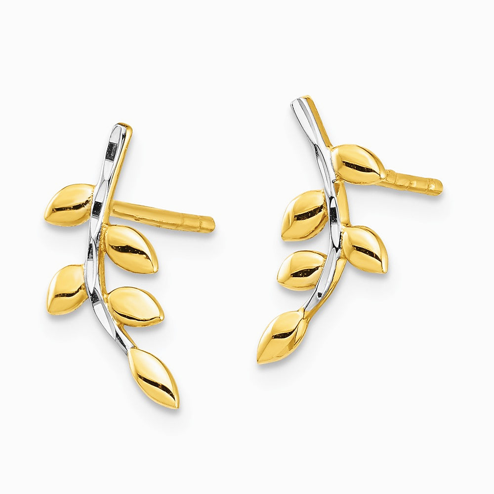 14K Yellow & Rhodium & White Rhodium Leaves Post Earrings - Product Photo