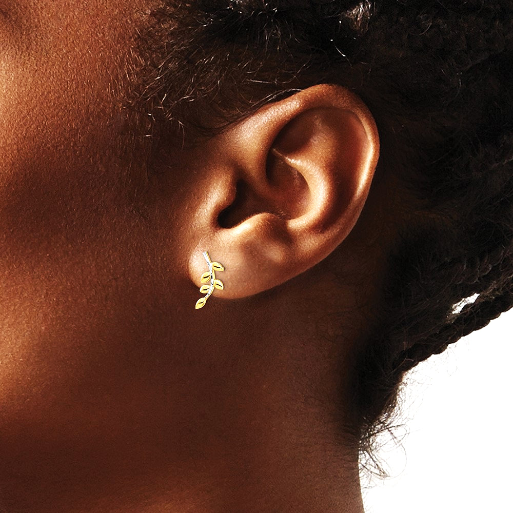 14K Yellow & Rhodium & White Rhodium Leaves Post Earrings - Product Photo
