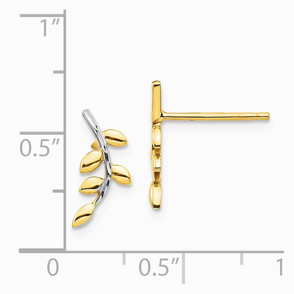 14K Yellow & Rhodium & White Rhodium Leaves Post Earrings - Product Photo