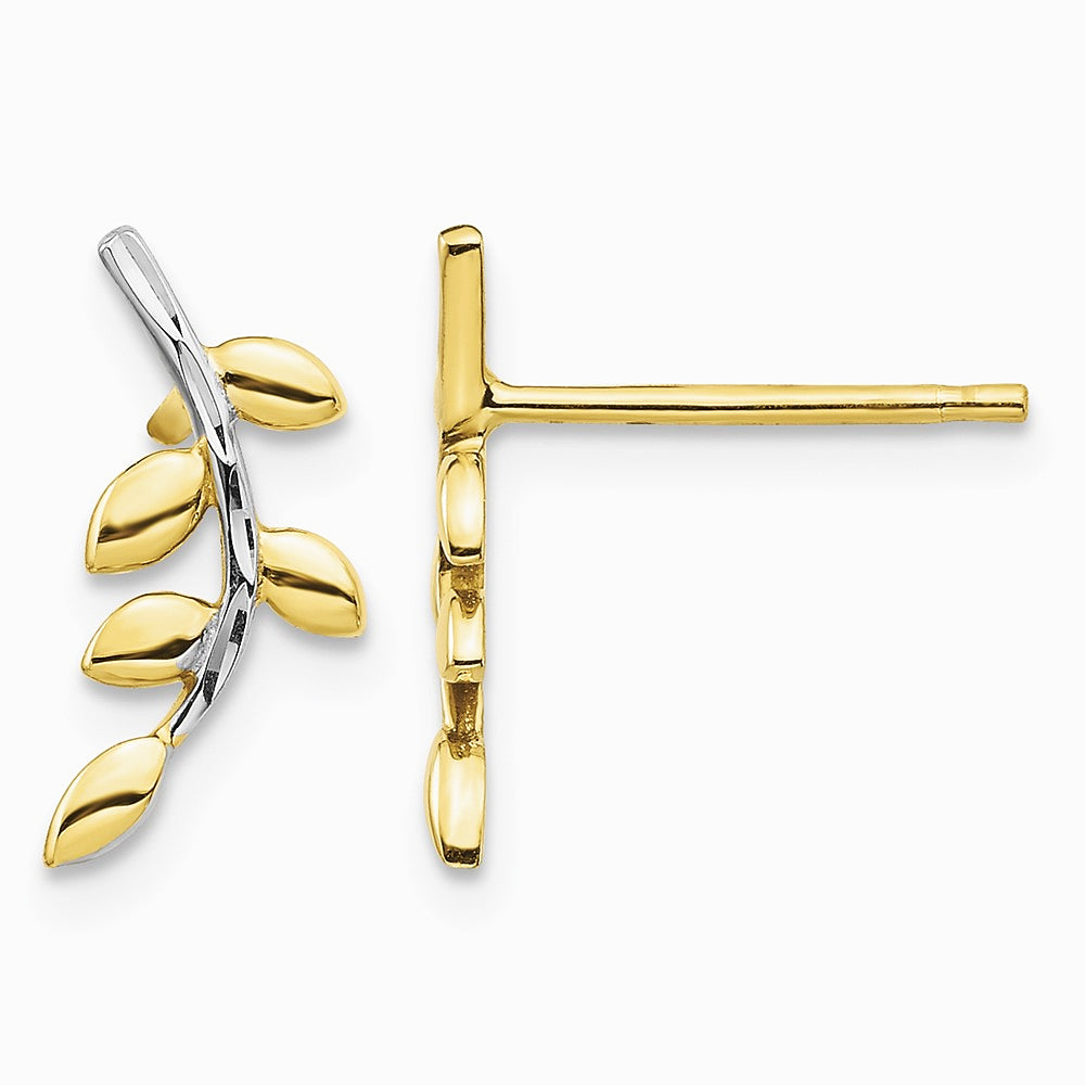 14K Yellow & Rhodium & White Rhodium Leaves Post Earrings - Product Photo
