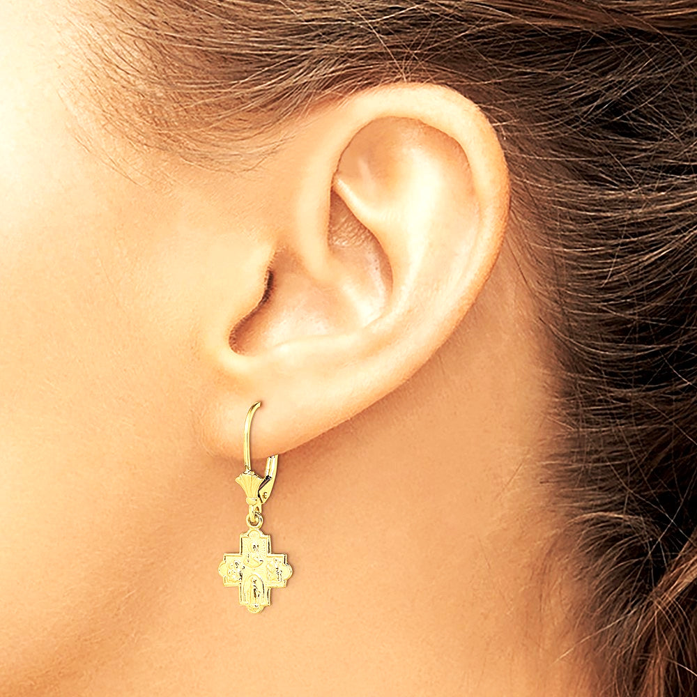 14K Yellow Gold Small 4-Way Medal Cross Leverback Earrings - Product Photo