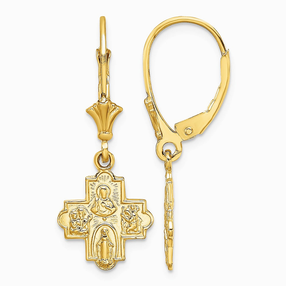 14K Yellow Gold Small 4-Way Medal Cross Leverback Earrings - Product Photo