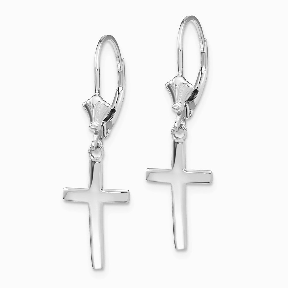 14K White Gold Polished Cross Leverback Earrings - Product Photo