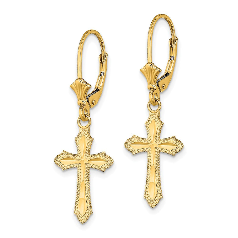 14K D/C Cross w/ Beaded Edge Leverback Earrings - Product Photo