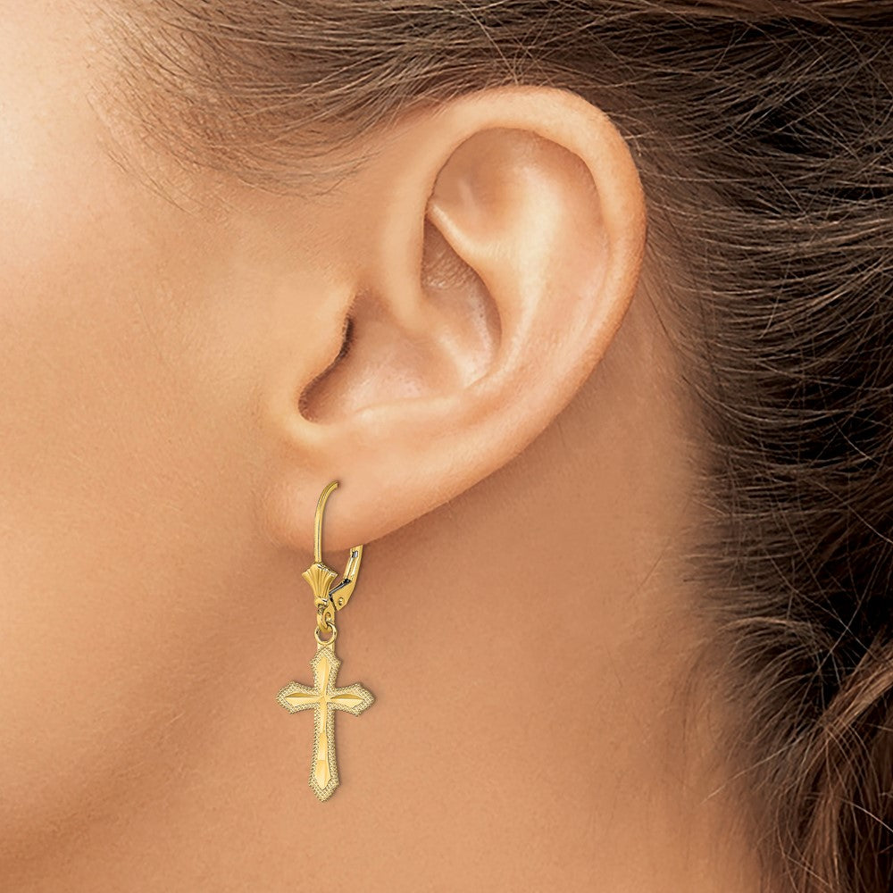 14K D/C Cross w/ Beaded Edge Leverback Earrings - Product Photo