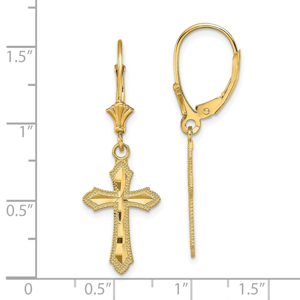 14K D/C Cross w/ Beaded Edge Leverback Earrings - Product Photo