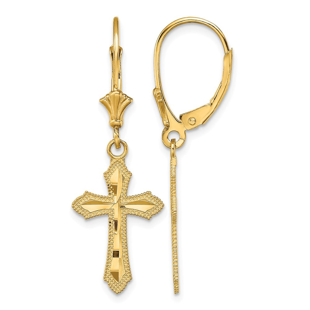 14K D/C Cross w/ Beaded Edge Leverback Earrings - Product Photo