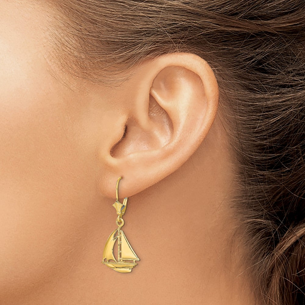 14K  3D Polished Sailboat Leverback Earrings - Product Photo