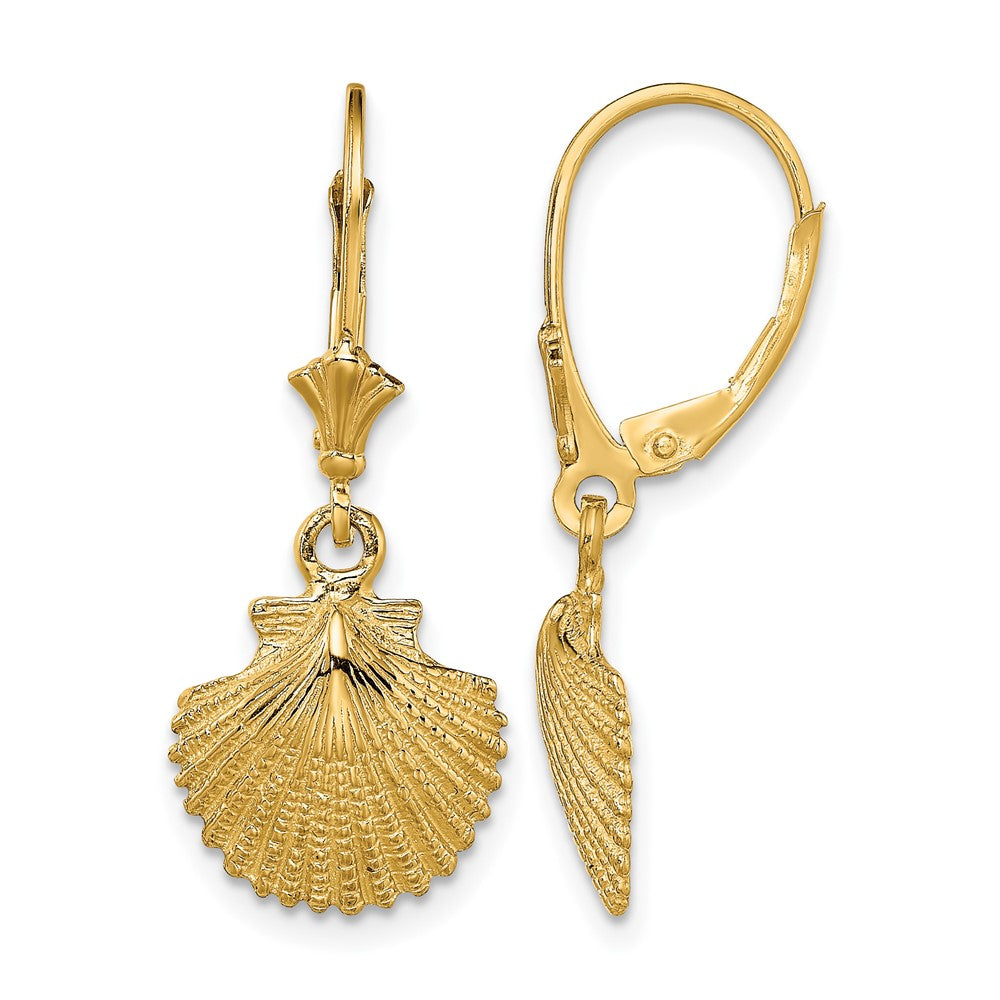14K Yellow Gold 2-D and Textured Scallop Shell Leverback Earrings