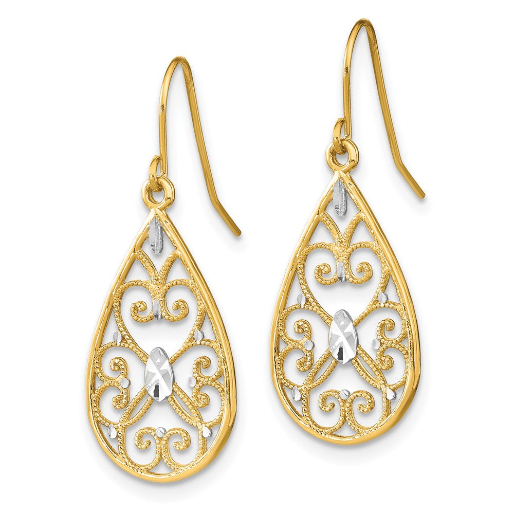 14K w/Rhodium D/C Fancy Dangle Wire Earrings - Product Photo