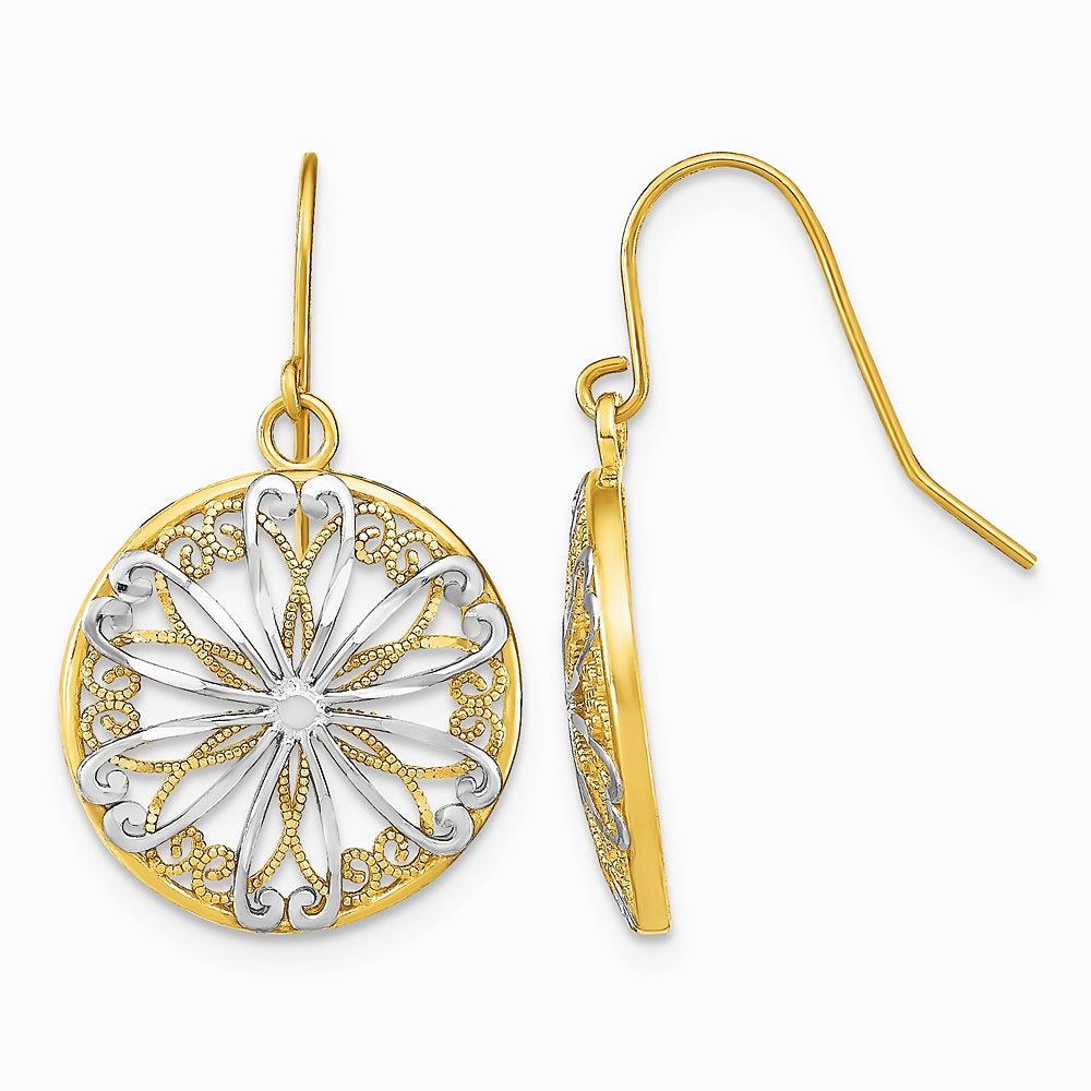 14K Yellow & Rhodium with Rhodium Filigree Medallion Dangle Earrings - Product Photo