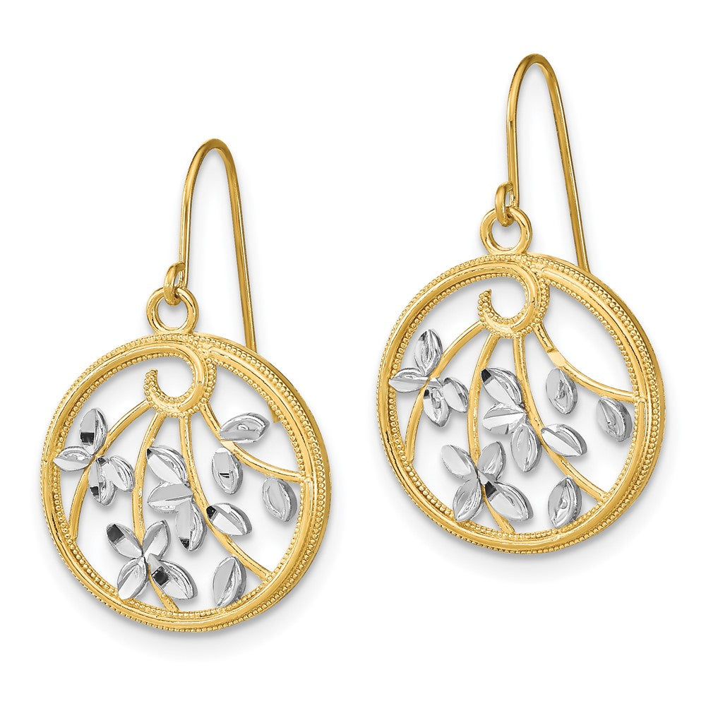 14K w/Rhodium D/C Leaves Round Dangle Earrings - Product Photo