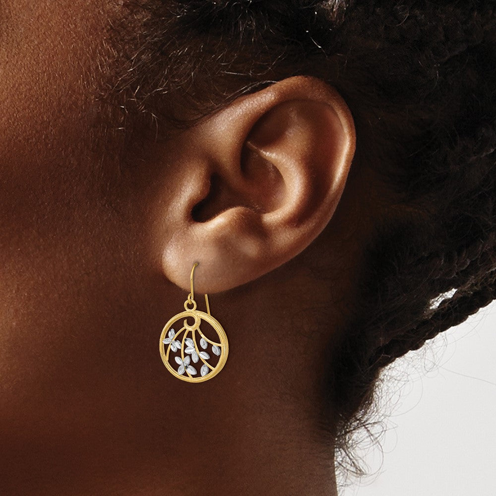 14K w/Rhodium D/C Leaves Round Dangle Earrings - Product Photo