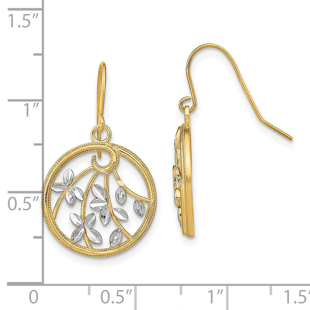 14K w/Rhodium D/C Leaves Round Dangle Earrings - Product Photo