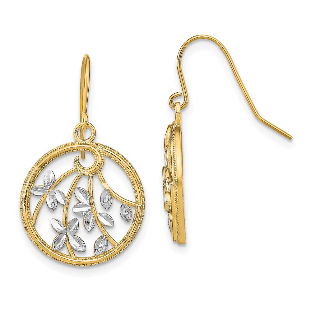 14K w/Rhodium D/C Leaves Round Dangle Earrings - Product Photo