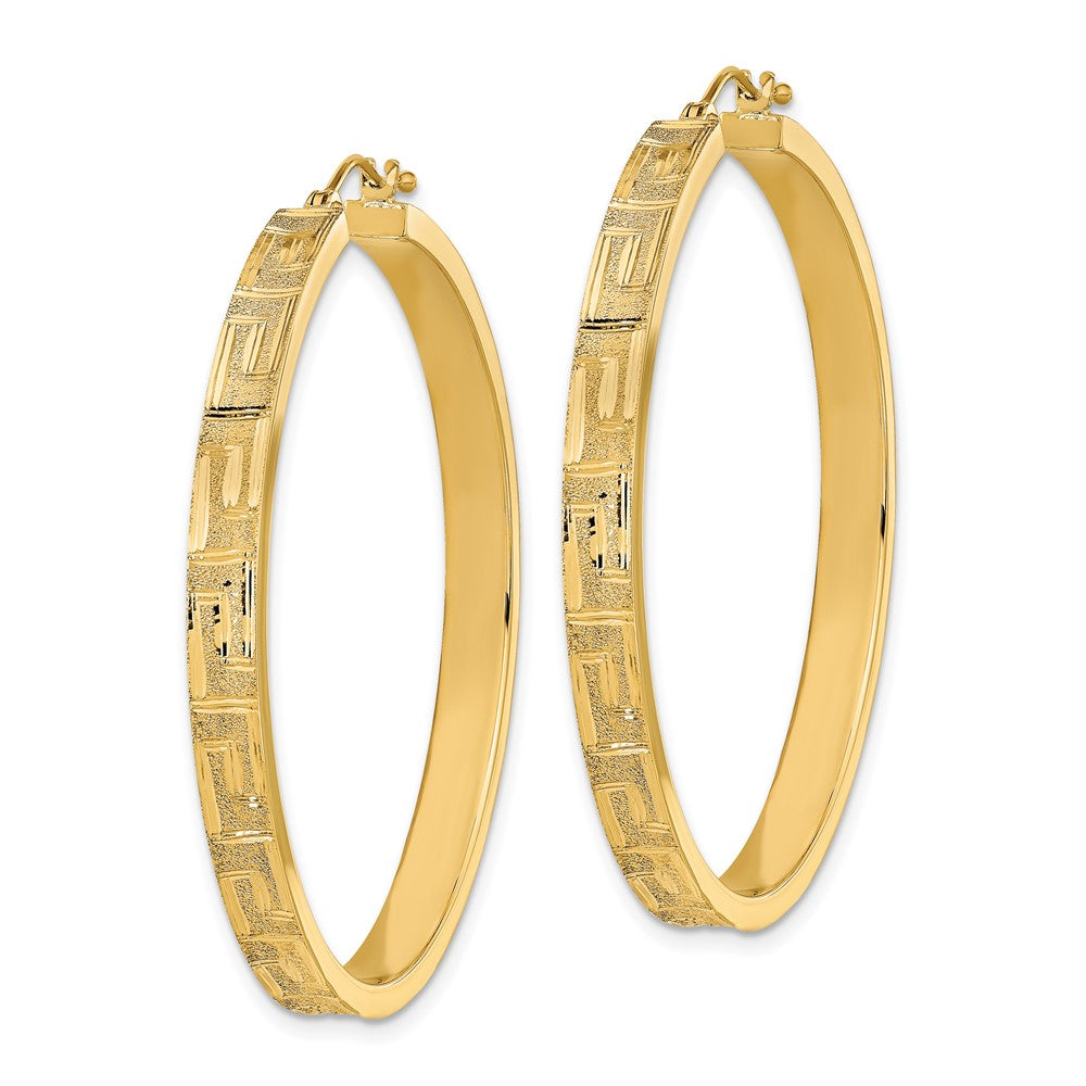 14K Polished and Satin Greek Pattern Hoop Earrings - Product Photo