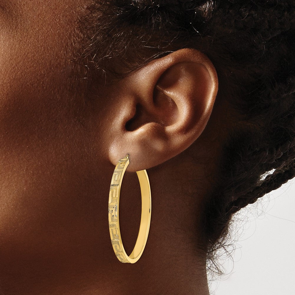 14K Polished and Satin Greek Pattern Hoop Earrings - Product Photo