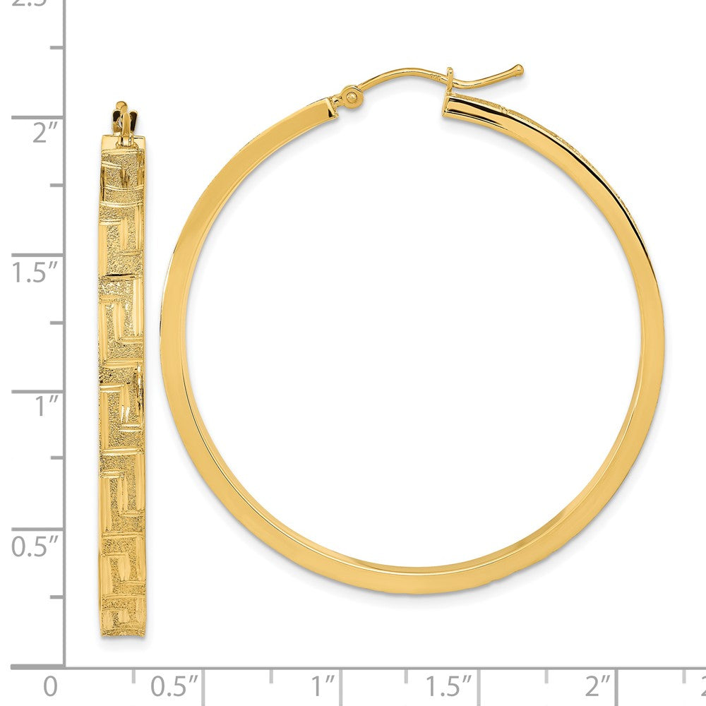 14K Polished and Satin Greek Pattern Hoop Earrings - Product Photo