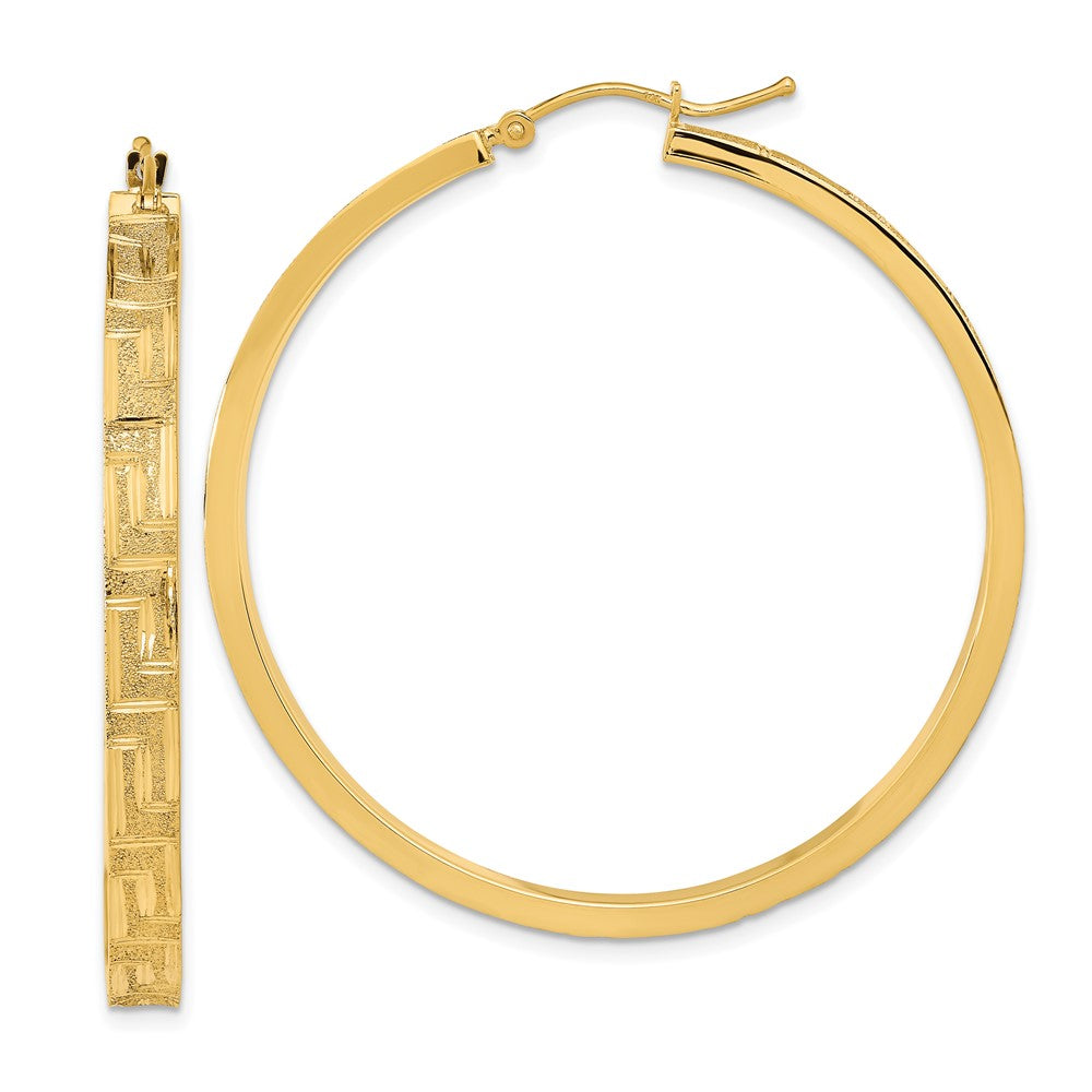 14K Polished and Satin Greek Pattern Hoop Earrings - Product Photo