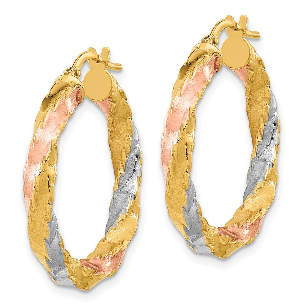 14K with Rose & White Rhodium Polished Twisted Hoop Earrings - Product Photo