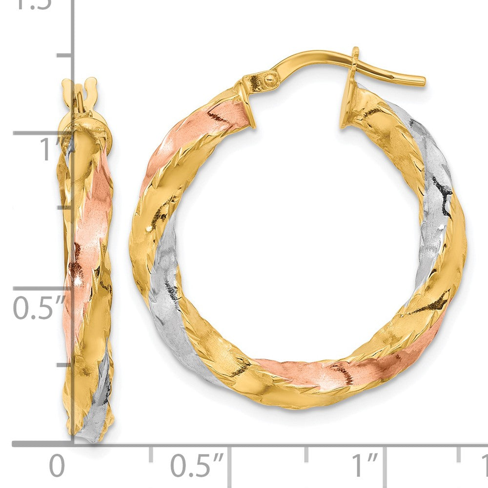 14K with Rose & White Rhodium Polished Twisted Hoop Earrings - Product Photo