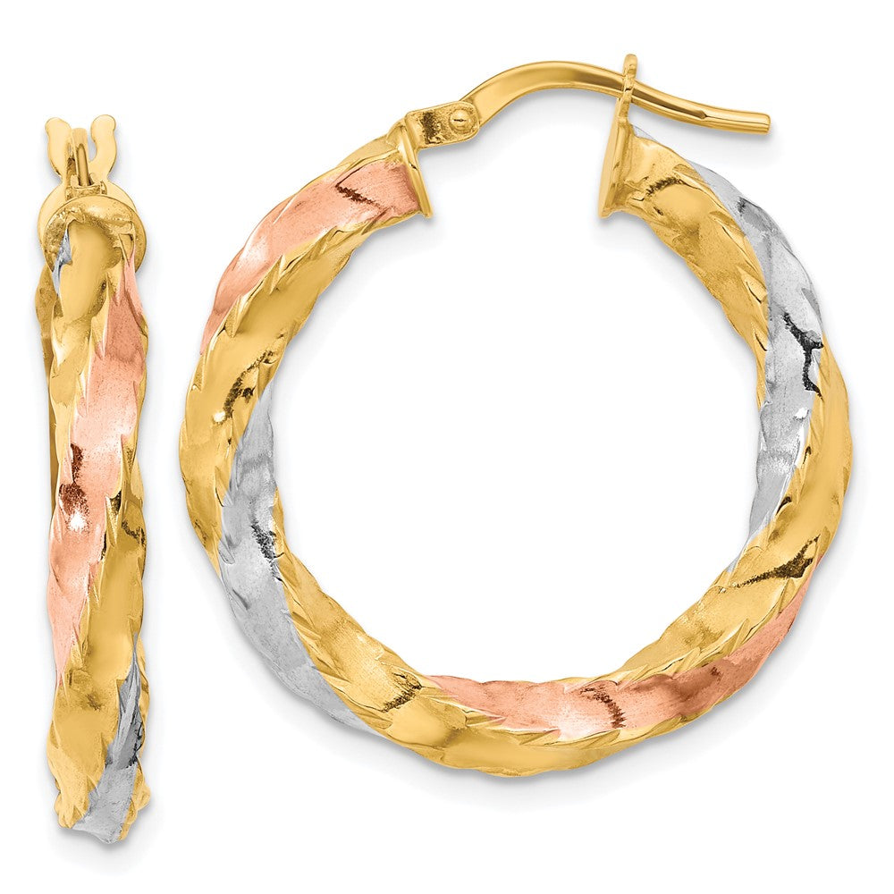 14K with Rose & White Rhodium Polished Twisted Hoop Earrings - Product Photo