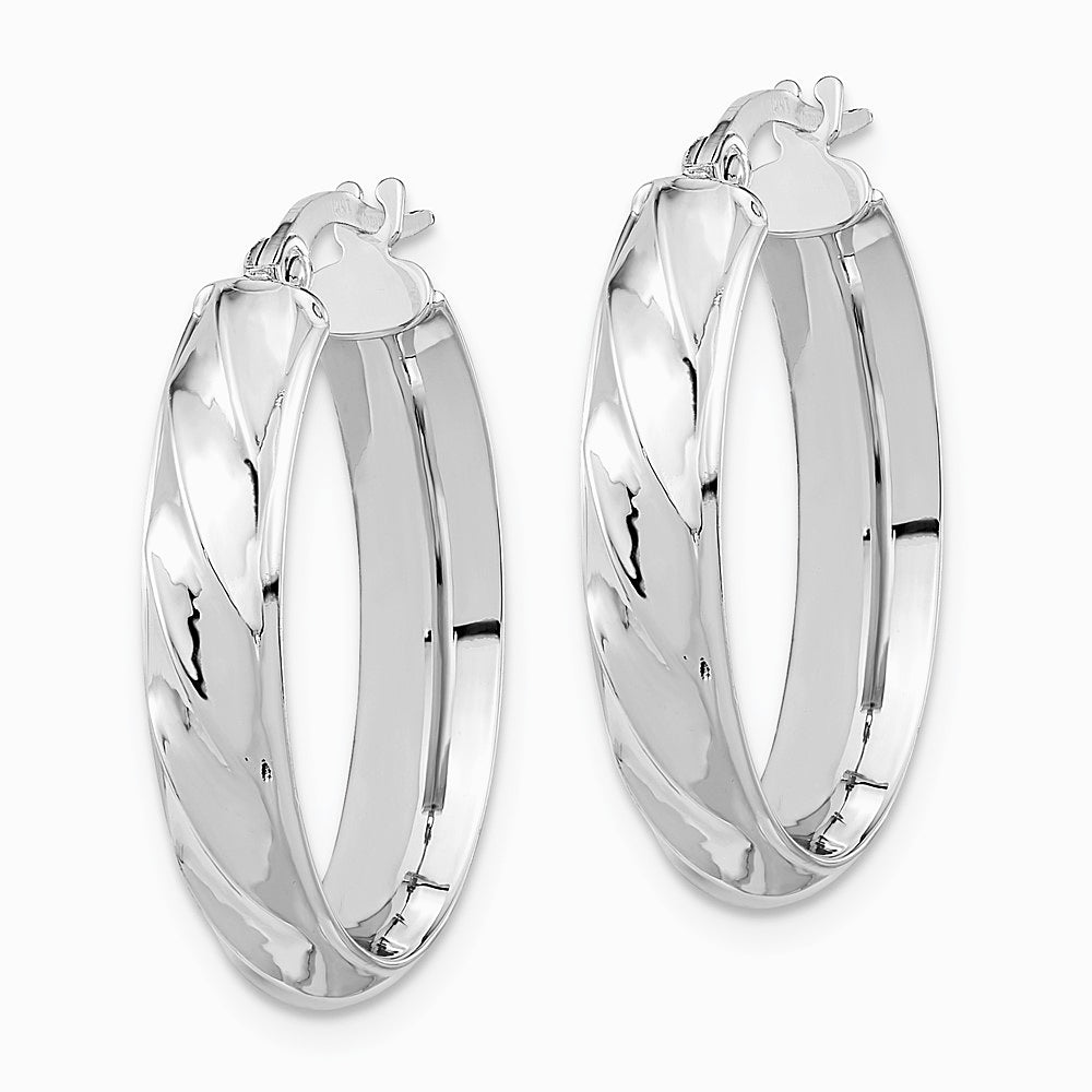 14K White Gold Polished and Twisted Oval Hoop Earrings - Product Photo