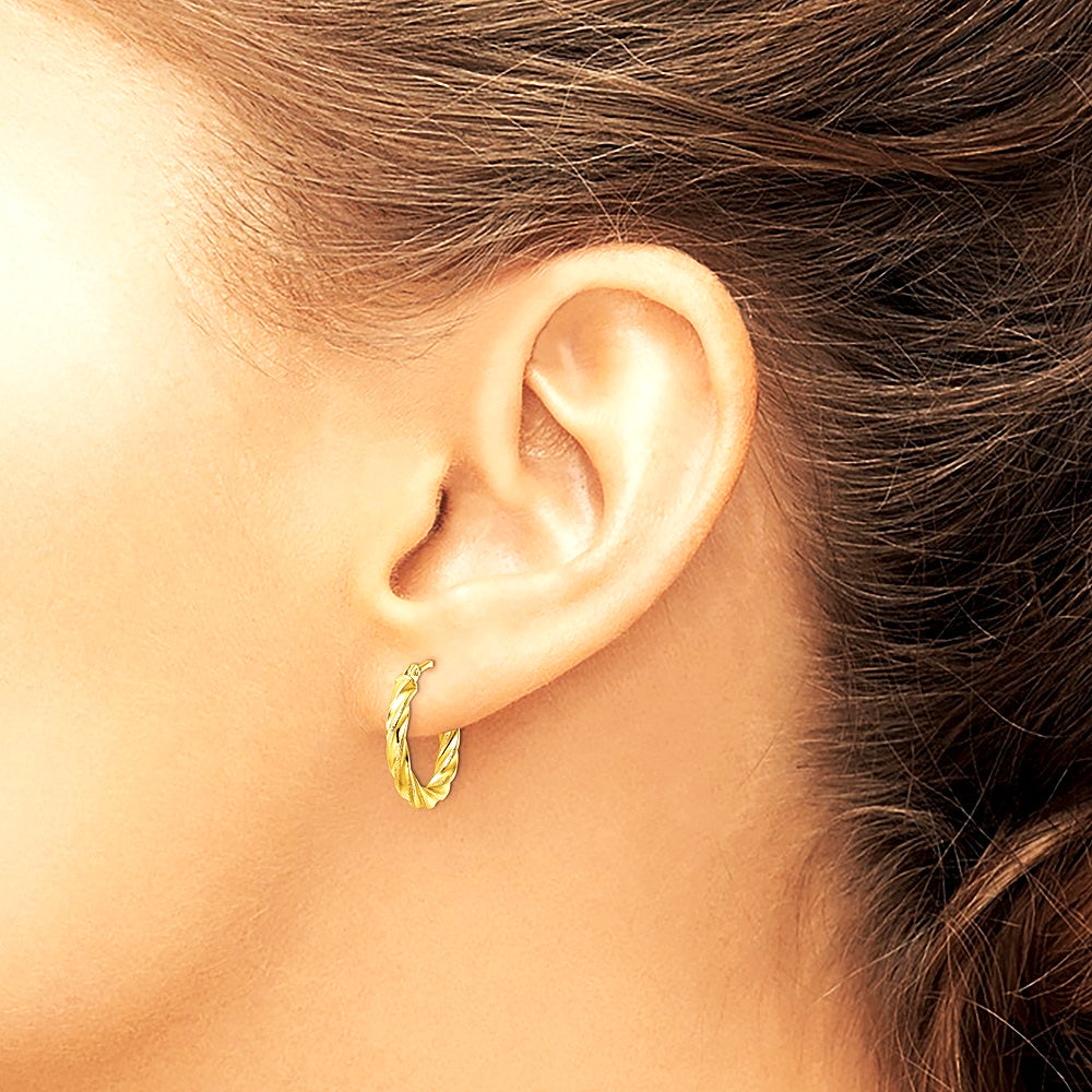 14K Yellow Gold Polished & Textured Twisted Hoop Earrings - Product Photo