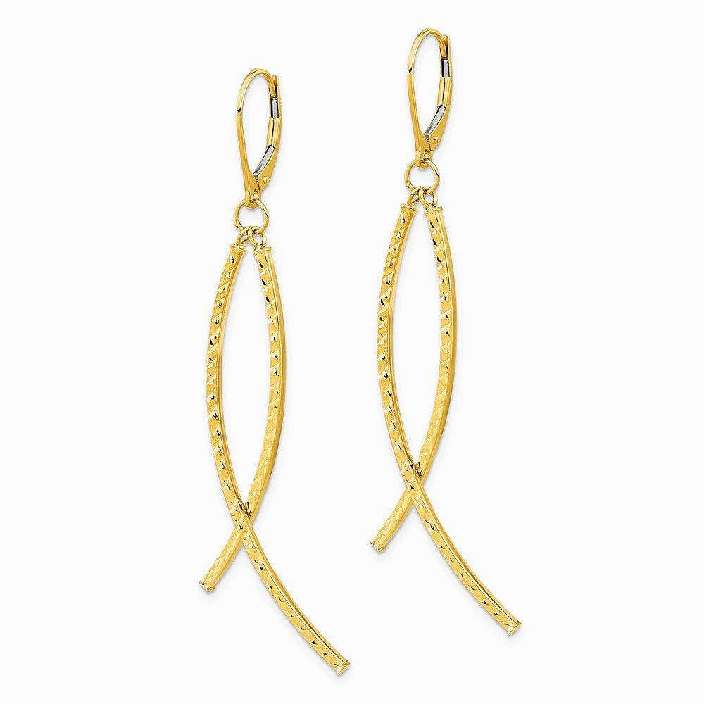 14K Yellow Gold Polished Diamond Cut Fancy Dangle Leverback Earrings - Product Photo