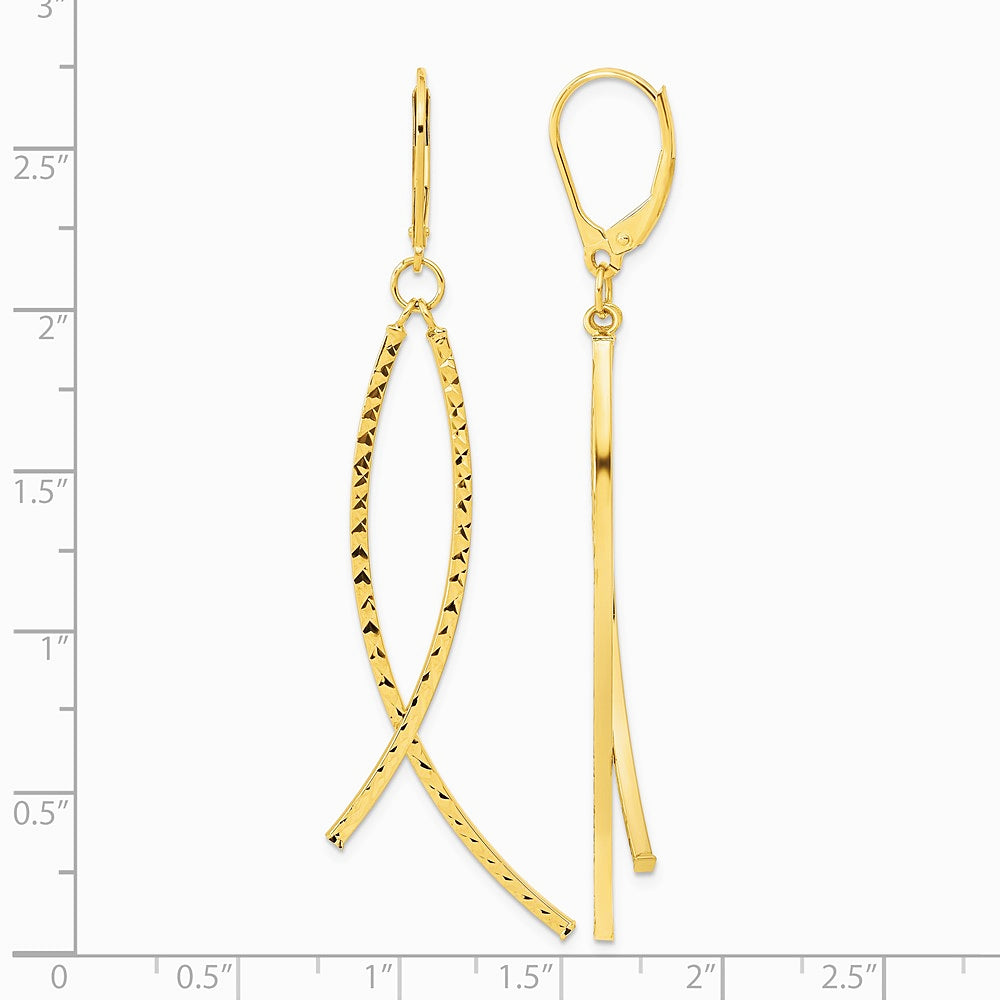 14K Yellow Gold Polished Diamond Cut Fancy Dangle Leverback Earrings - Product Photo